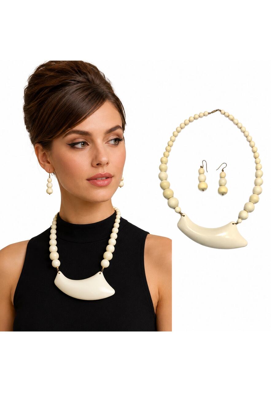 60s MOD White Plastic Resin Large Bead Necklace Pendant & Dangle Earrings Set